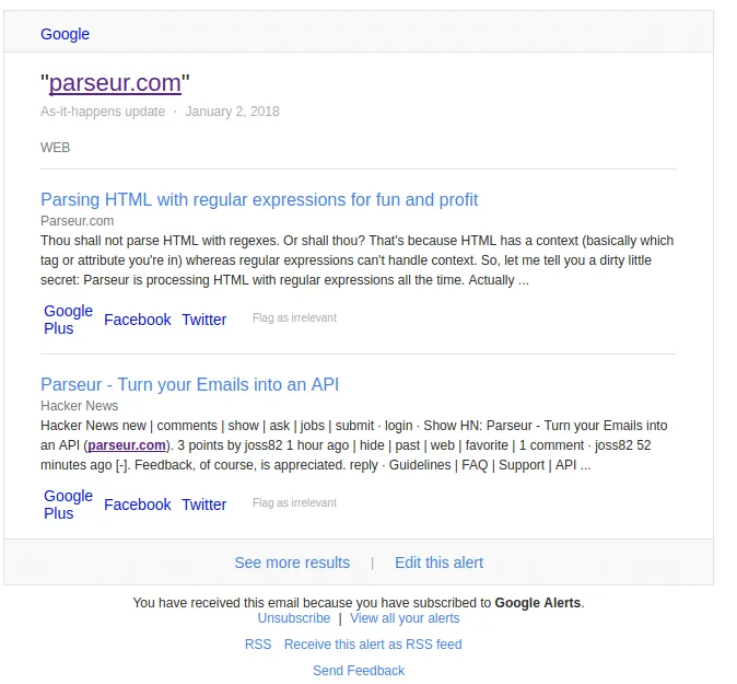 A screen capture of google alert