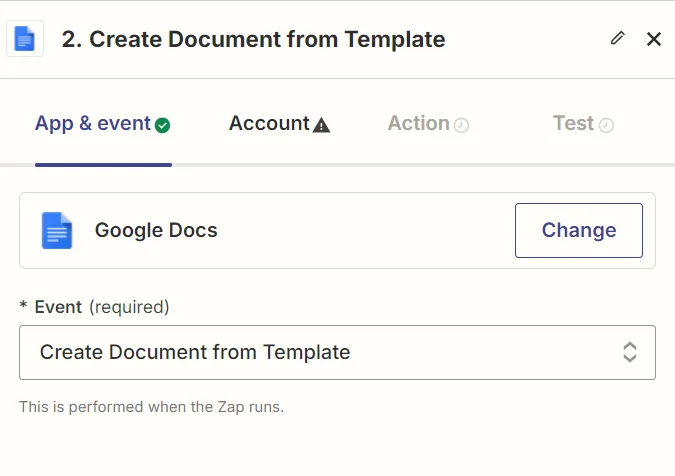 Set Google Docs as the Action App