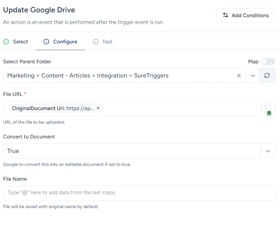 Añade Google Drive como acción