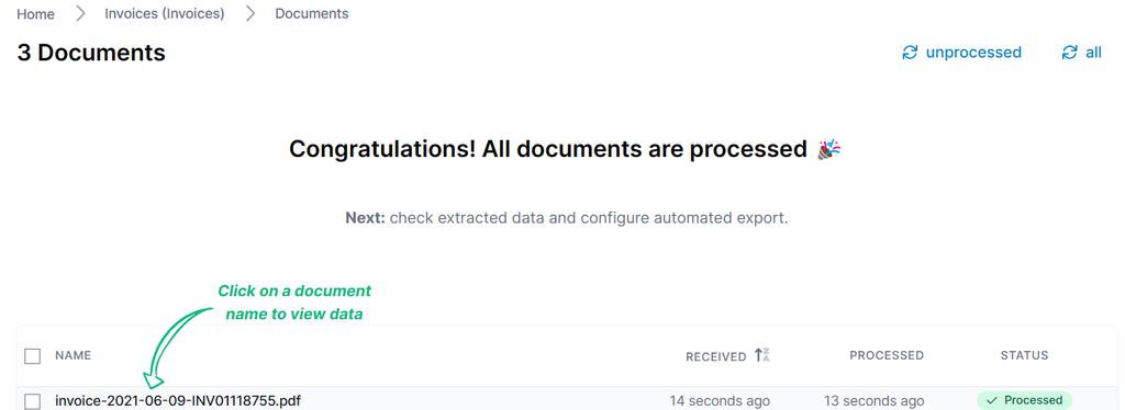 Document sent and parsed automatically on Parseur