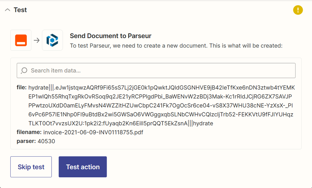 Send a test Zap from Zapier to Parseur
