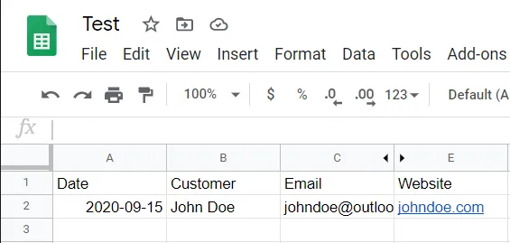 A screen capture of google sheets data