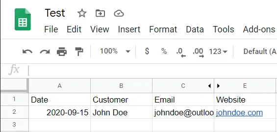 Une capture d'écran des données de Google Sheets