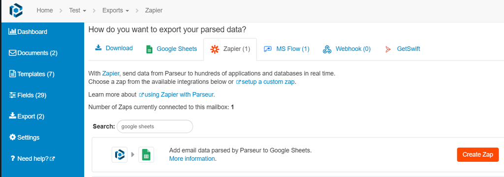 A screen capture of google sheet zapier