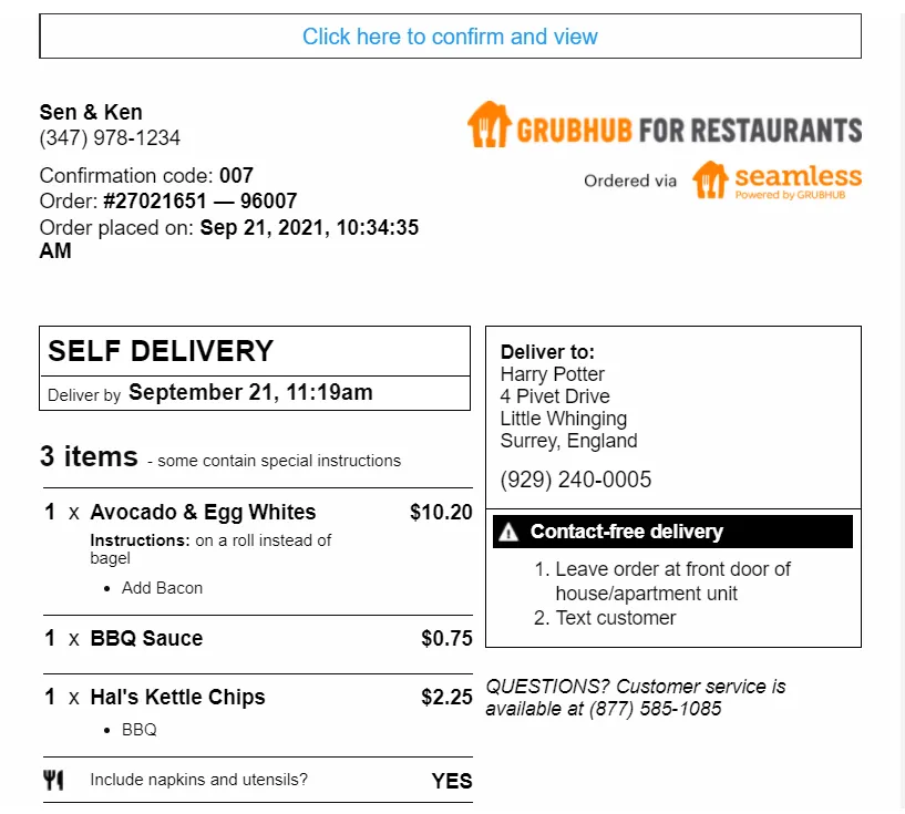 A screen capture of grubhub order example