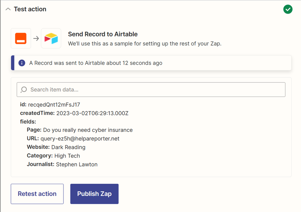 Send a test trigger from Zapier to Airtable