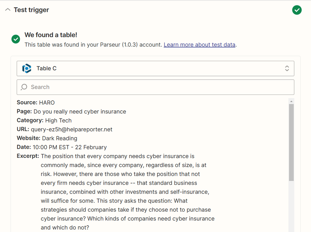 Zapier retrieves the HARO email from Parseur