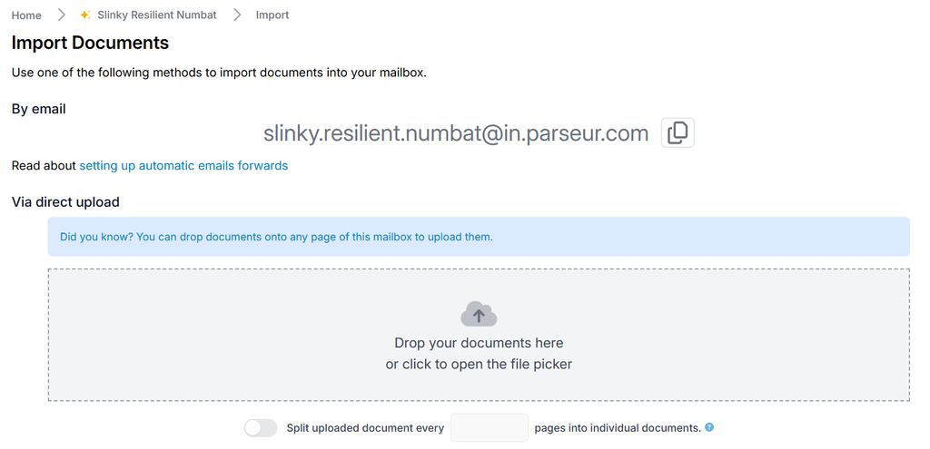 A screen capture of Parseur mailbox