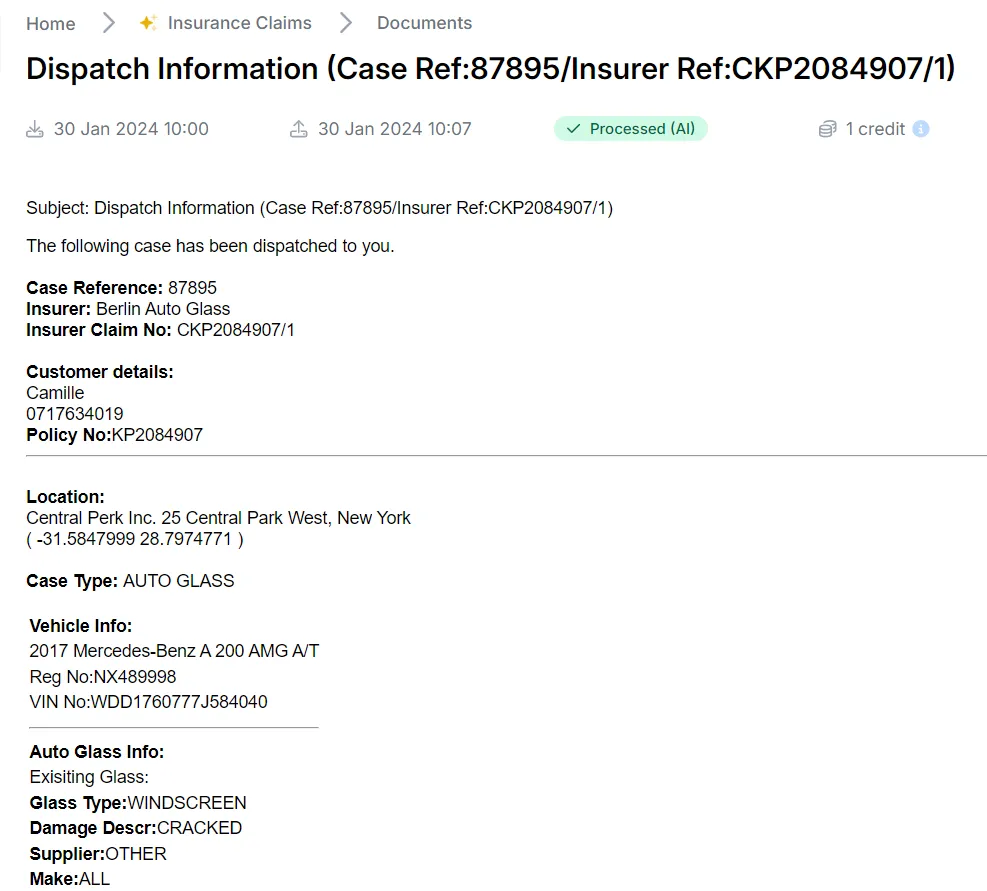 A screen capture of insurance claim