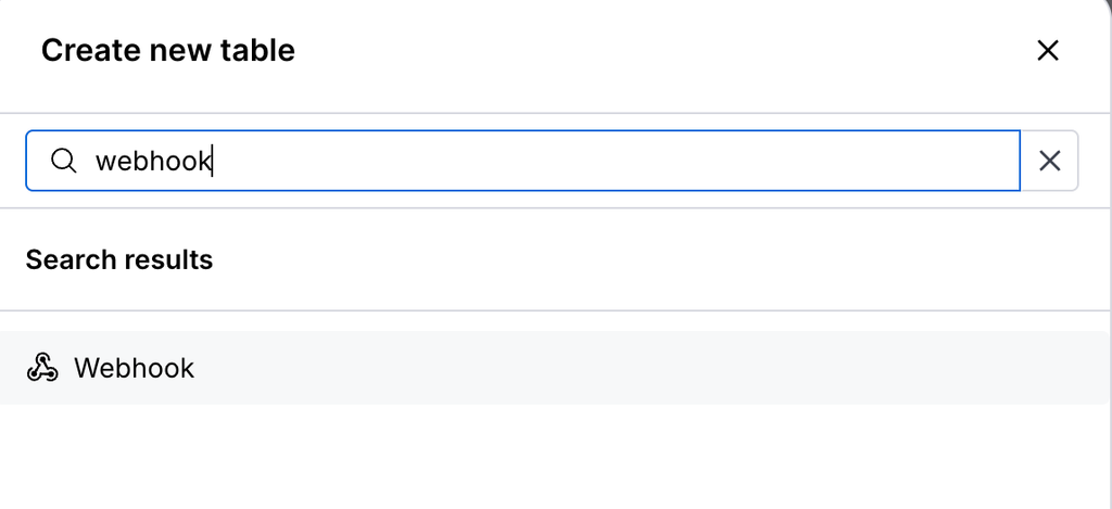 Clay "Create new table" dialog with "webhook" typed in the search box and the Webhook result shown