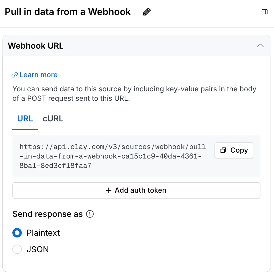 Clay "Pull in data from a Webhook" panel showing the webhook URL, Add auth token button, and Send response as JSON option
