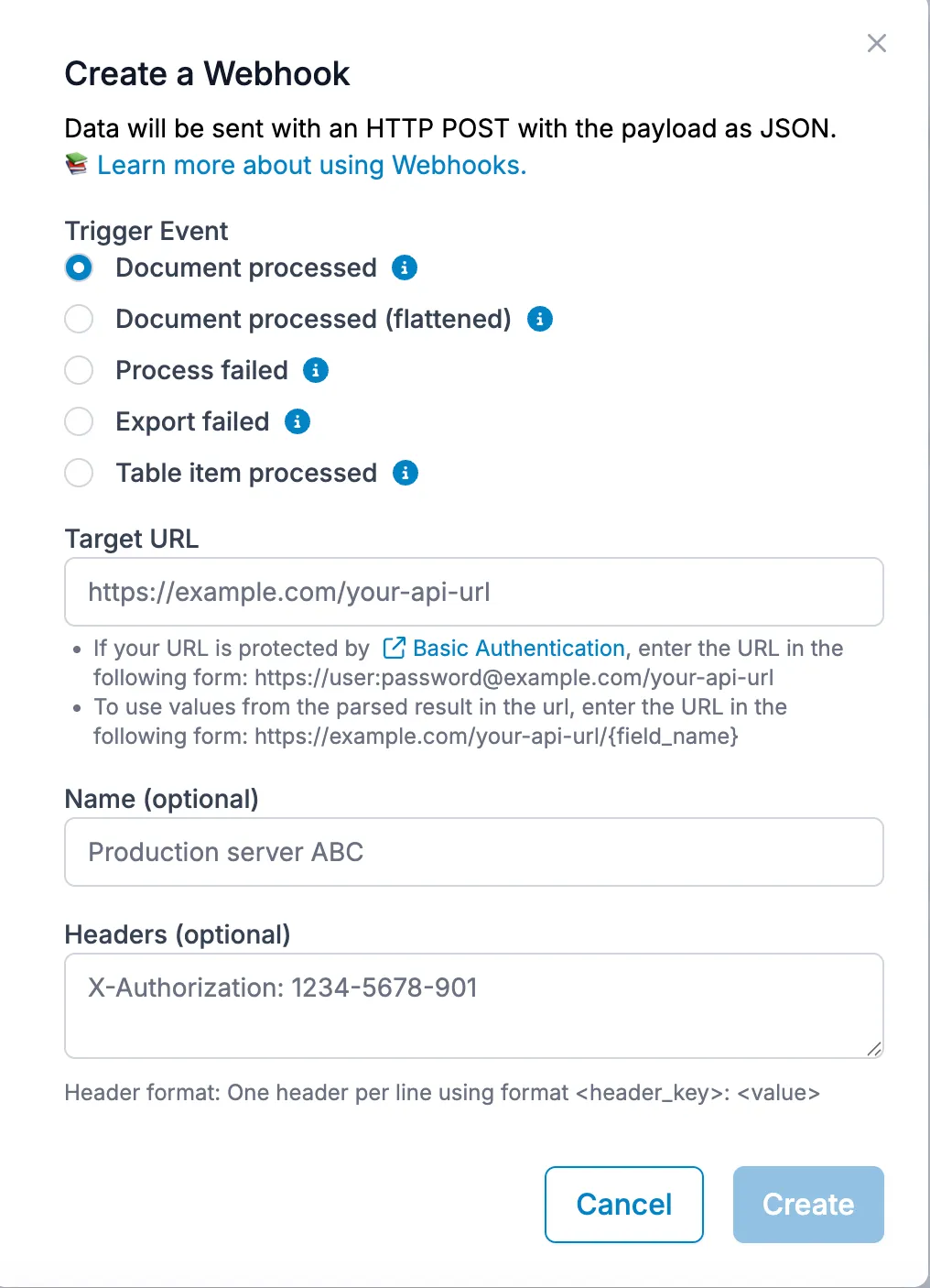 Parseur "Create a Webhook" dialog showing trigger event options and Target URL, Name, and Headers fields