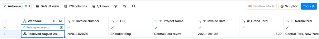 Clay table showing a received webhook event with parsed fields appearing as columns: Invoice Number, Full name, Project Name, Invoice Date, and Grand Total