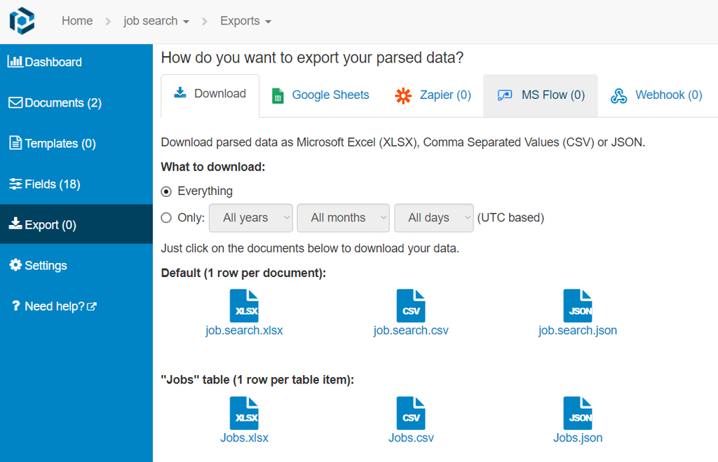 A screen capture of job search export