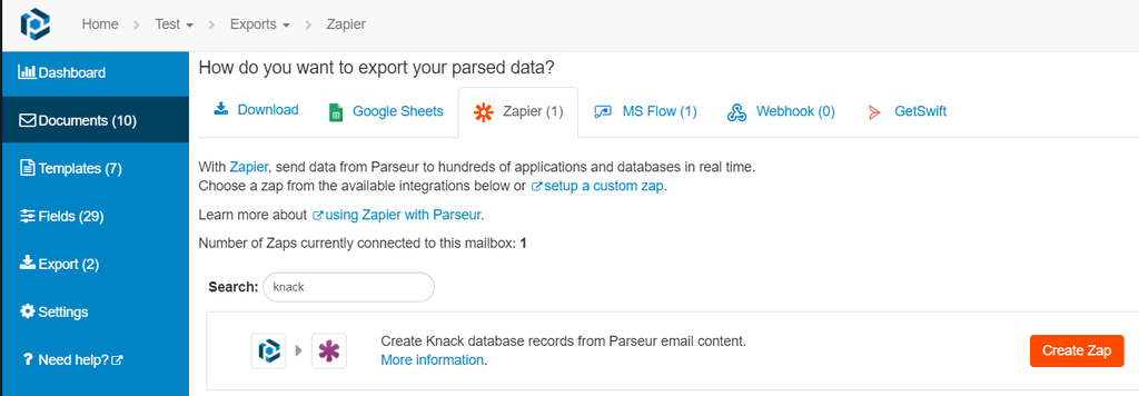 Export data via Zapier