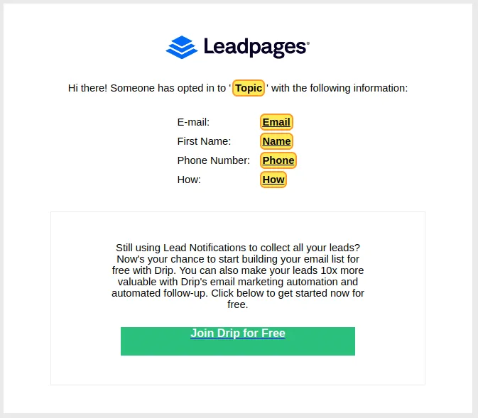 A screen capture of lead email template