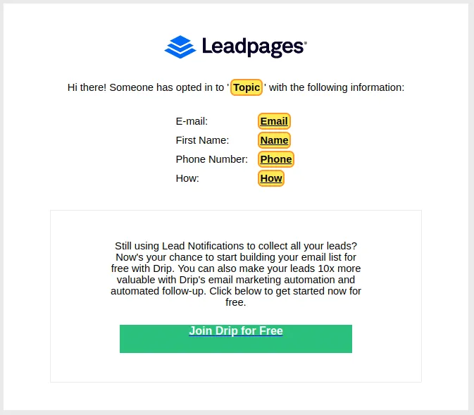 Una schermata di acquisizione del modello di e-mail di lead