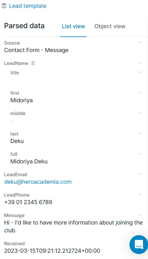 A screen capture of leads data