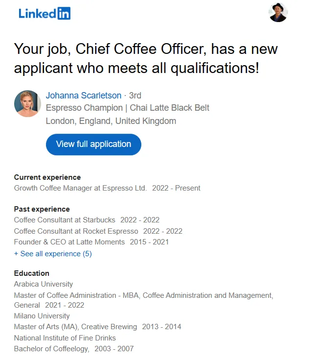 A screen capture of job app email