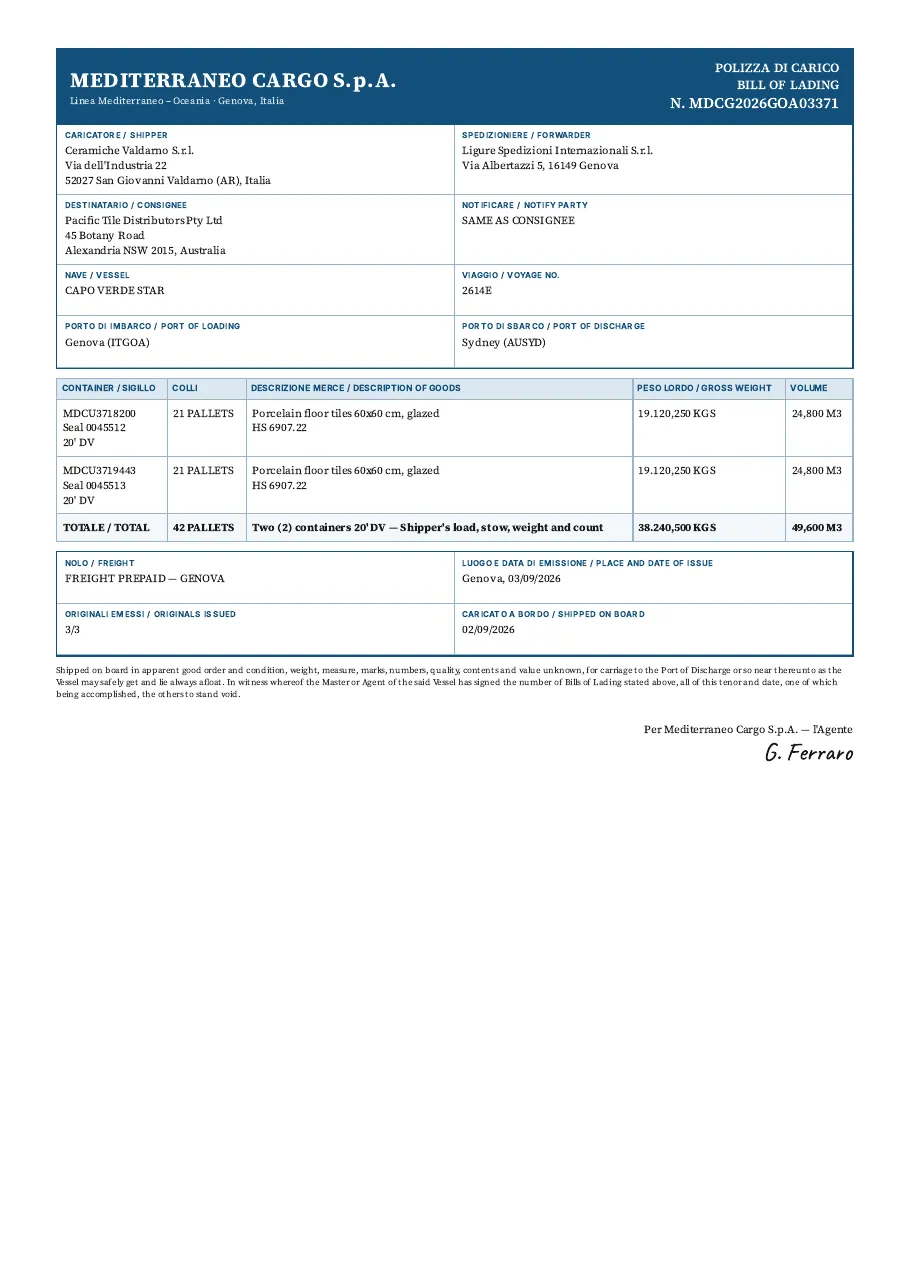 BOL-03 in the Parseur LLM Extraction Benchmark 2026: an Italian and English bill of lading with two containers, European number formats and a forwarder printed next to the shipper