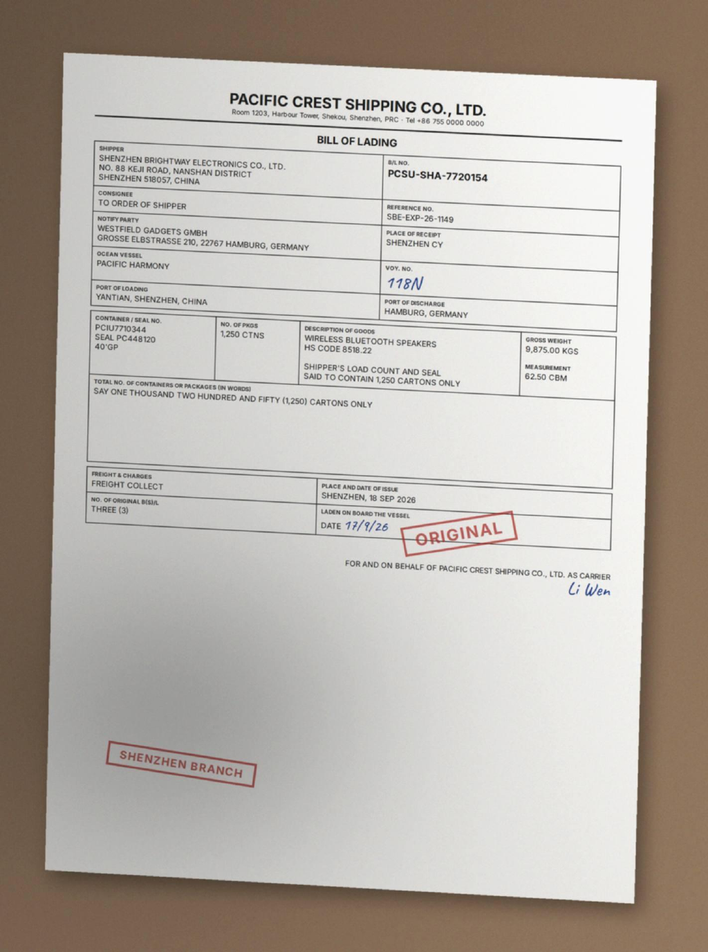 BOL-04 in the Parseur LLM Extraction Benchmark 2026: a skewed phone photo of a printed bill of lading with stamps and a handwritten voyage number 118N