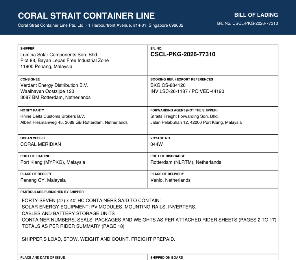 Page 1 of the 20-page bill of lading (BOL-07) in the Parseur LLM Extraction Benchmark 2026. The particulars box states 47 containers and refers to rider sheets on pages 2 to 17 and a summary on page 18