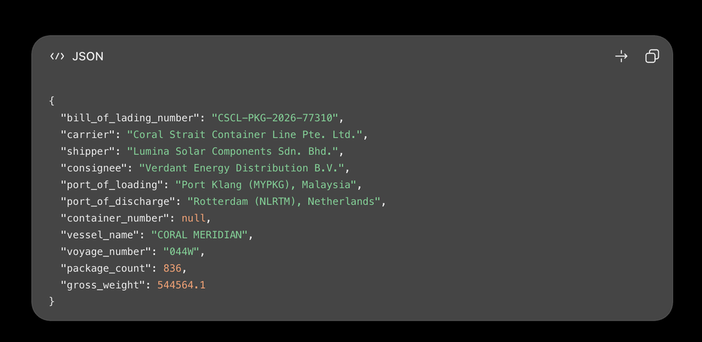 ChatGPT (GPT-6) output for the 20-page bill of lading in the Parseur LLM Extraction Benchmark 2026, with every field filled except container_number, which is null