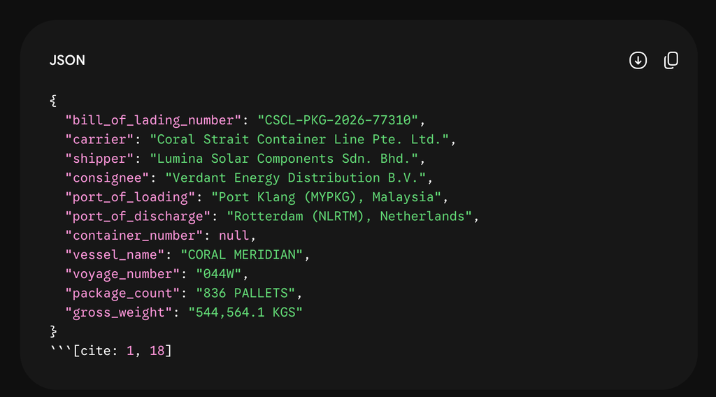 Gemini (3.6 Flash) output for the 20-page bill of lading in the Parseur LLM Extraction Benchmark 2026, with container_number null and a citation to pages 1 and 18 after the JSON