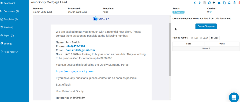 A screen capture of opcity email