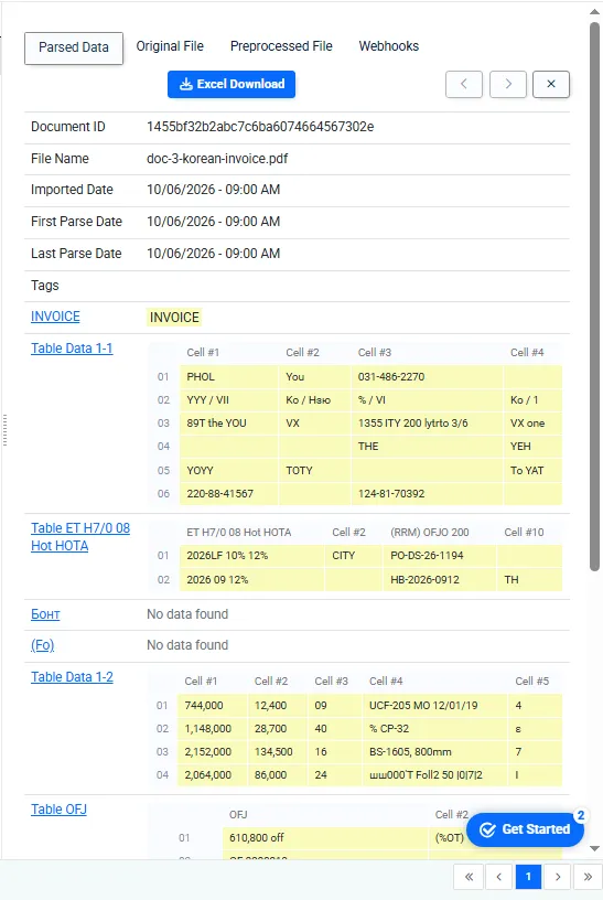 Docparser output for the Korean invoice, with Korean text and dates returned garbled