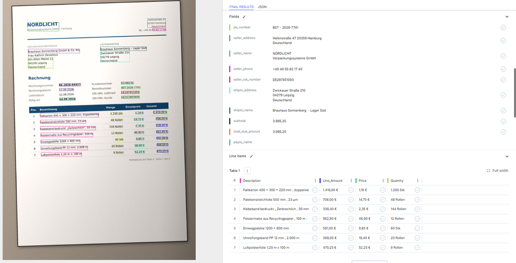 Nanonets output for a photo of page 1 of the German invoice, showing a subtotal and total due of 3,985.25 although the page shows no totals
