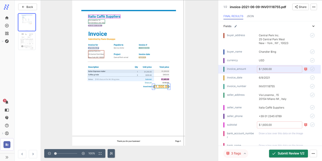 A screen capture of nanonets data