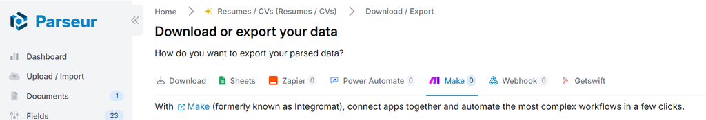 A screen capture of parseur integration