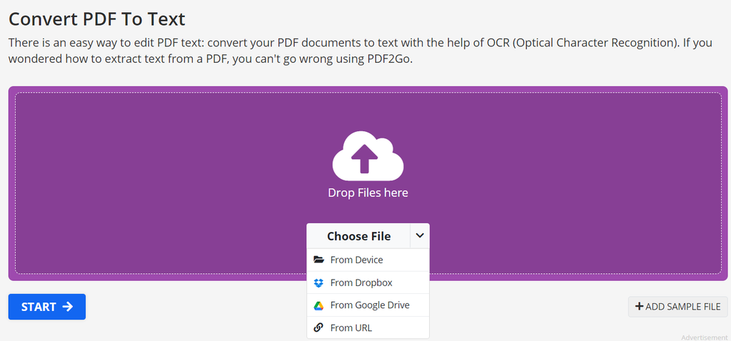 A screen capture of pdf2go