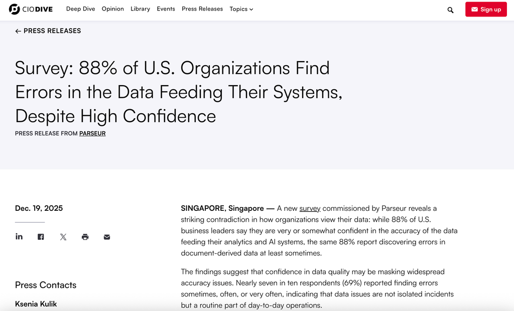 Cover image for Survey: 88% of U.S. Organizations Find Errors in the Data Feeding Their Systems, Despite High Confidence