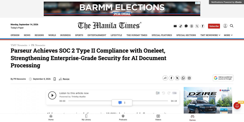 Cover image for Parseur Achieves SOC 2 Type II Compliance with Oneleet, Strengthening Enterprise-Grade Security for AI Document Processing