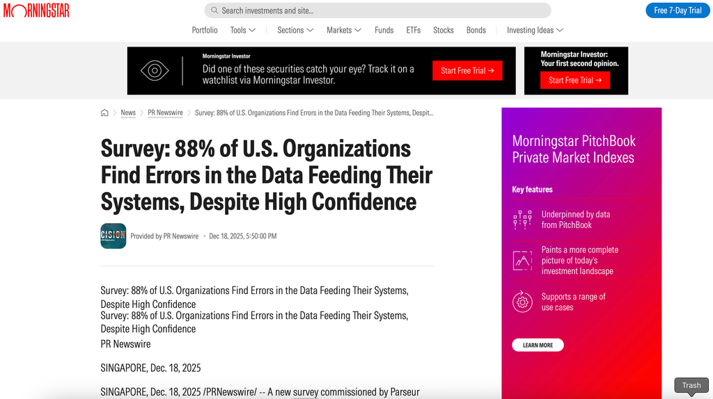 Cover image for Survey: 88% of U.S. Organizations Find Errors in the Data Feeding Their Systems, Despite High Confidence
