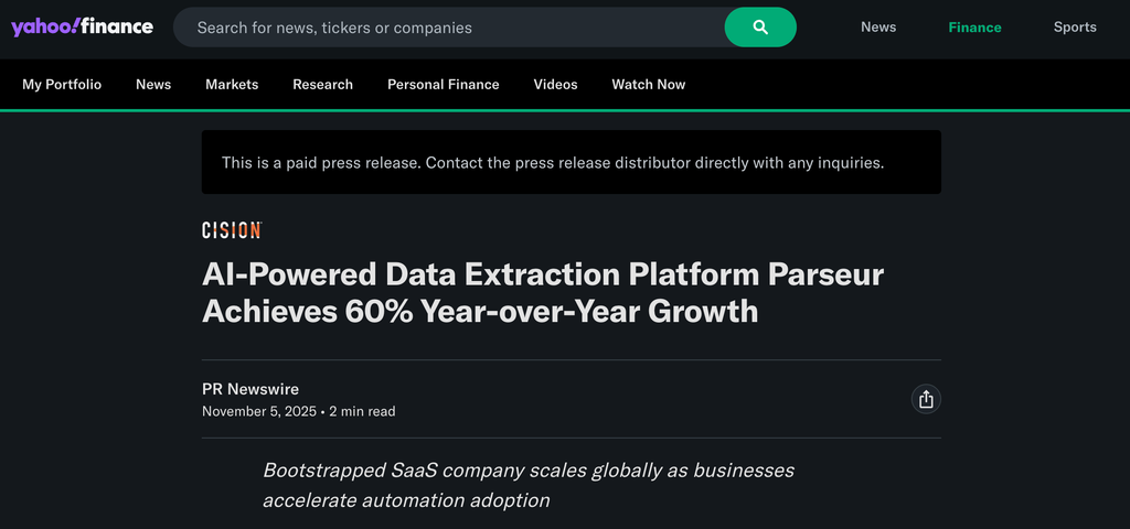Cover image for AI-Powered Data Extraction Platform Parseur Achieves 60% Year-over-Year Growth
