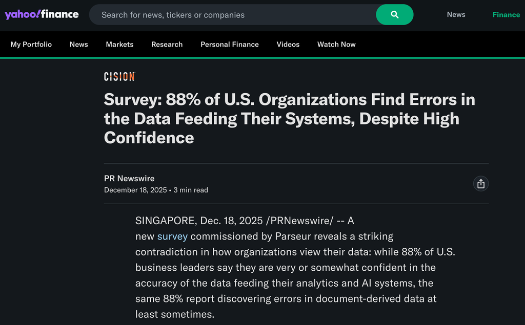 Cover image for Survey: 88% of U.S. Organizations Find Errors in the Data Feeding Their Systems, Despite High Confidence