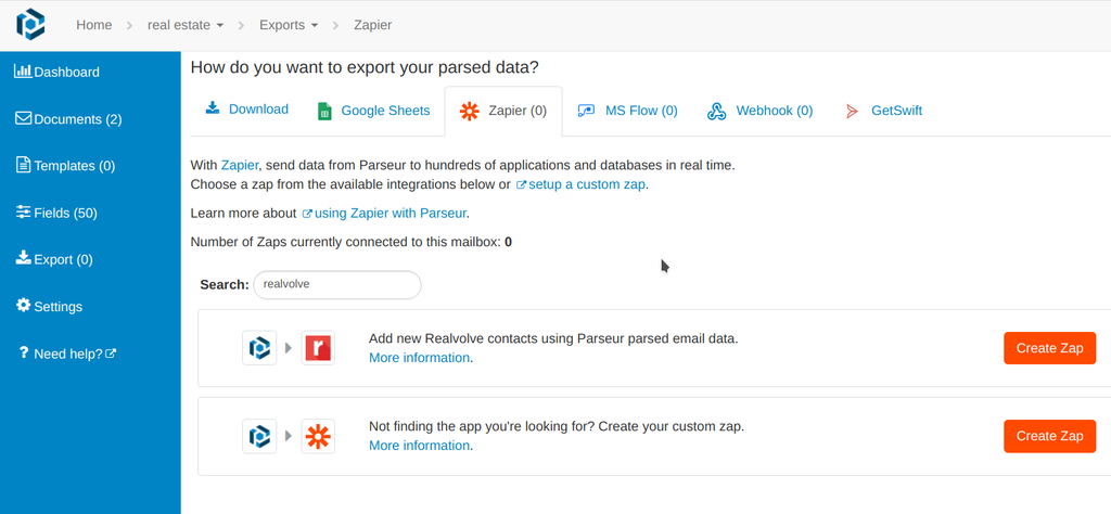 A screen capture of export the parsed data to Zapier