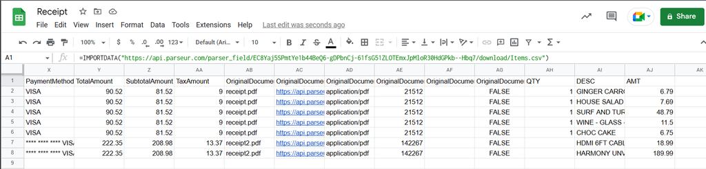 A screen capture of receipt ocr data