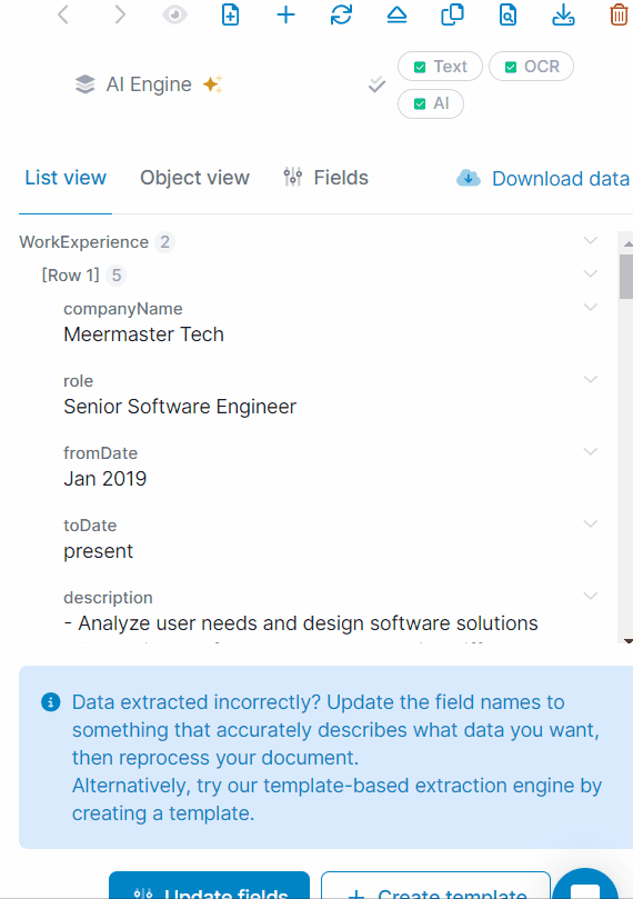 A screen capture of resume data