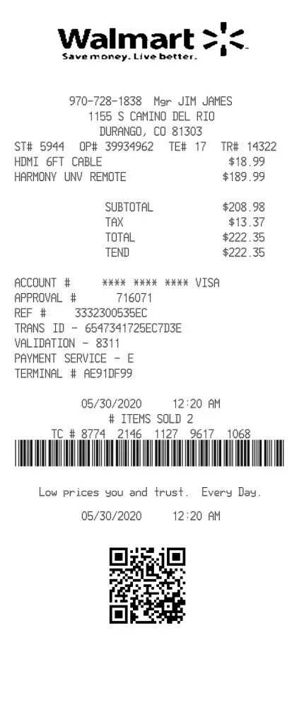 A screen capture of scanned receipt