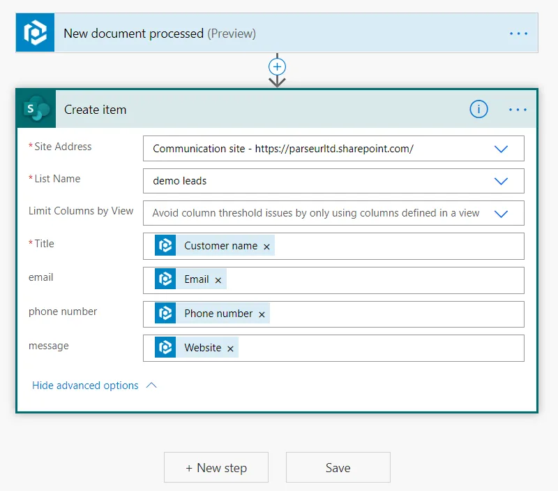 Fill in the extracted data that you want in SharePoint