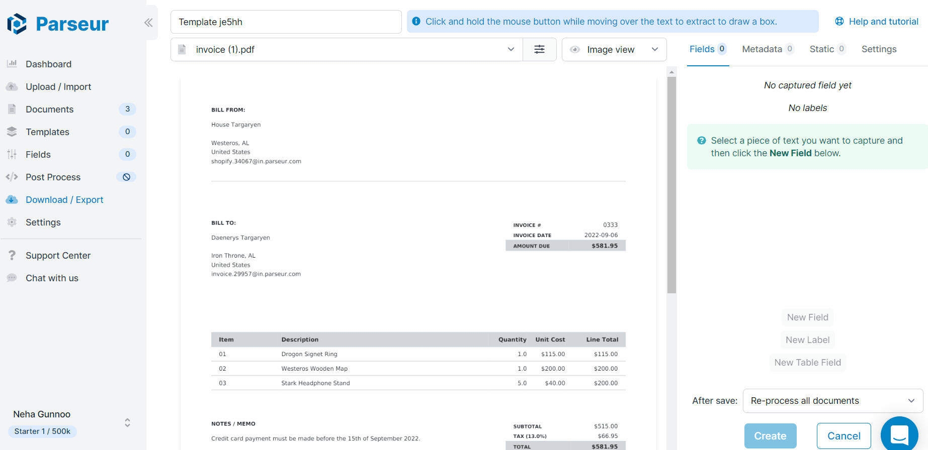 Create a template for Shopify invoice