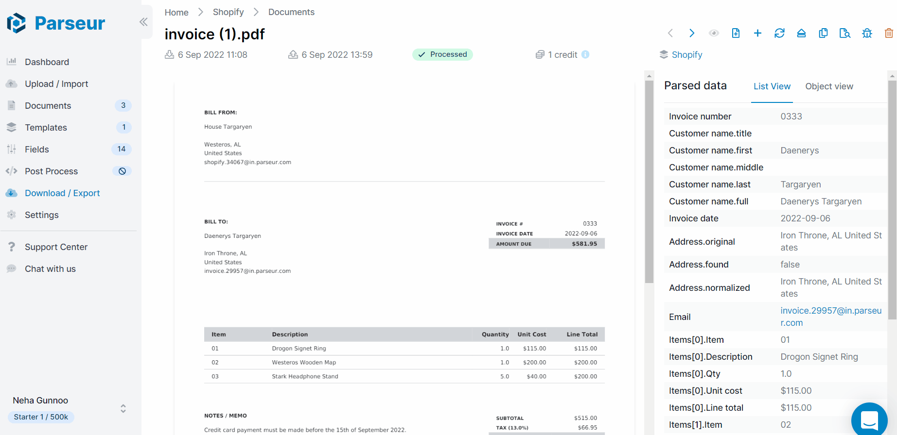 Extracted data from Shopify invoice
