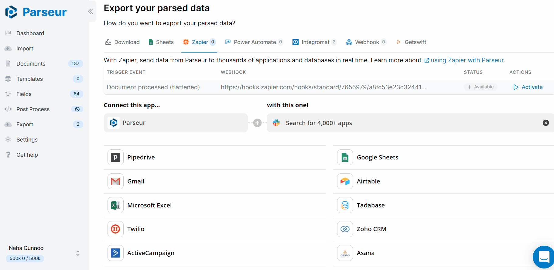 Busca Slack en la sección de exportación