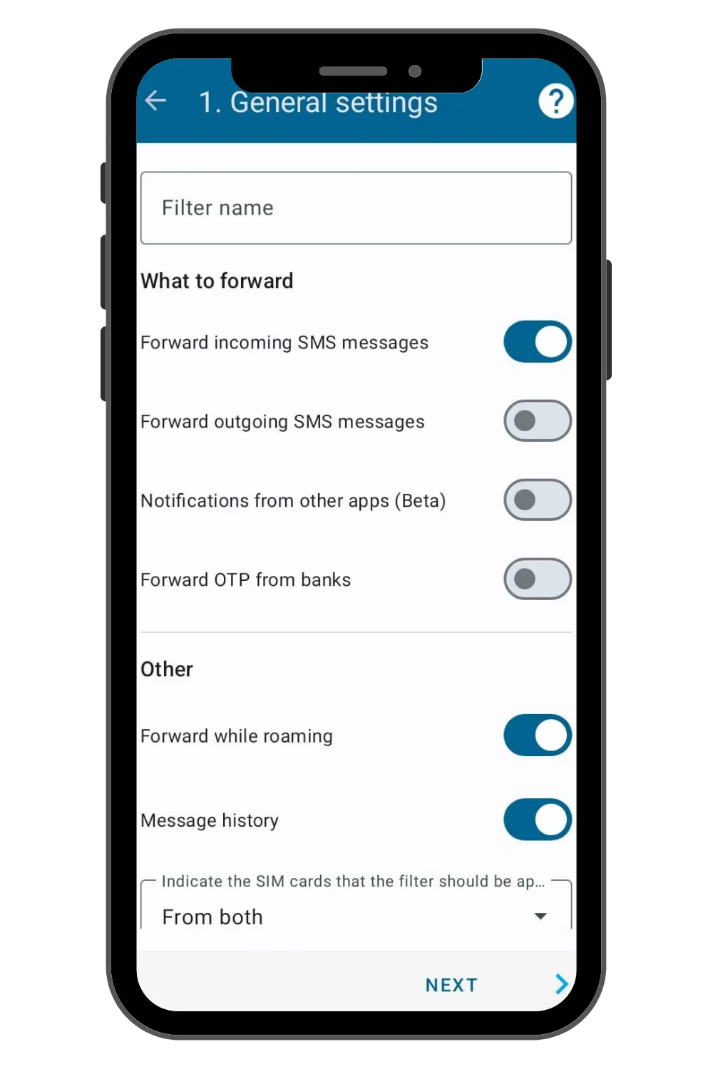 A screen capture of SMS forwarder
