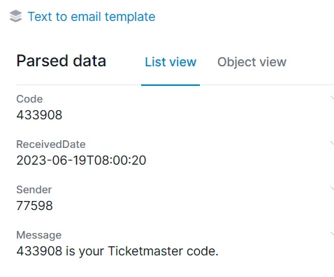 A screen capture of an SMS data