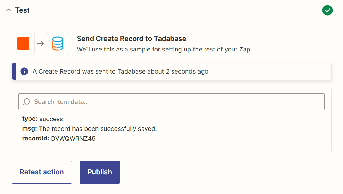 Send a test from Zapier to Tadabase